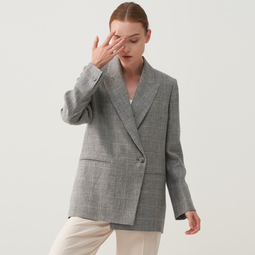 [30%] GRID CHECK LINEN DOUBLE BREASTED JACKET [GYCK]